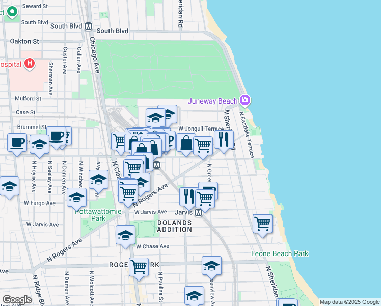 map of restaurants, bars, coffee shops, grocery stores, and more near 1550 West Howard Street in Chicago