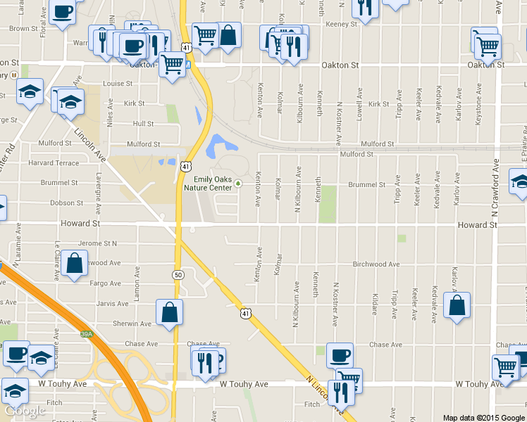 map of restaurants, bars, coffee shops, grocery stores, and more near 7617 Kenton Avenue in Skokie