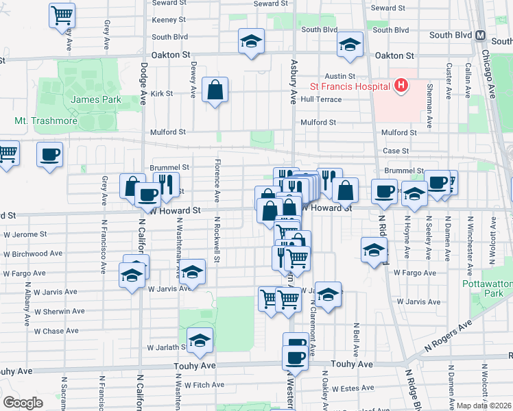 map of restaurants, bars, coffee shops, grocery stores, and more near 1425 West Howard Street in Evanston