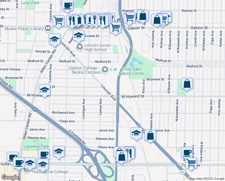map of restaurants, bars, coffee shops, grocery stores, and more near 7601 Lincoln Avenue in Skokie