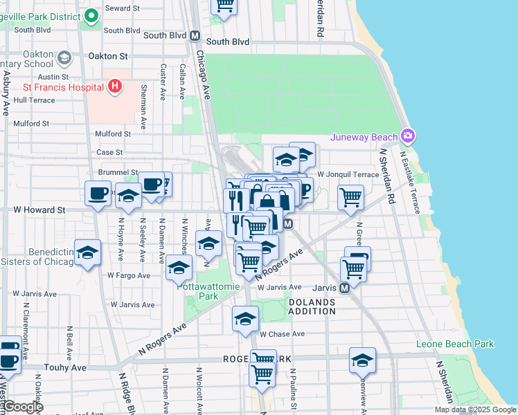 map of restaurants, bars, coffee shops, grocery stores, and more near 415 West Howard Street in Evanston