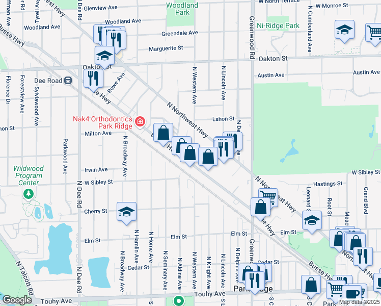 map of restaurants, bars, coffee shops, grocery stores, and more near 702 North Western Avenue in Park Ridge