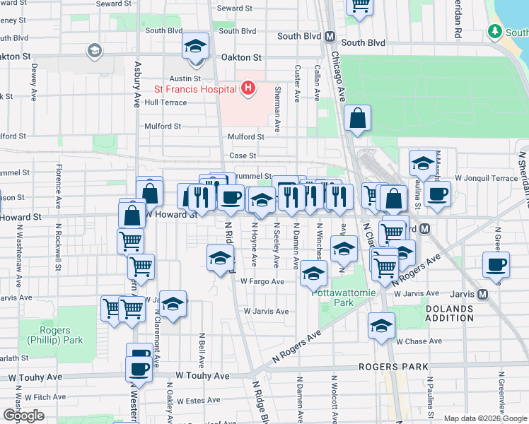 map of restaurants, bars, coffee shops, grocery stores, and more near 741 West Howard Street in Evanston