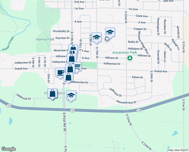 map of restaurants, bars, coffee shops, grocery stores, and more near 1485 Grand Avenue in Marion