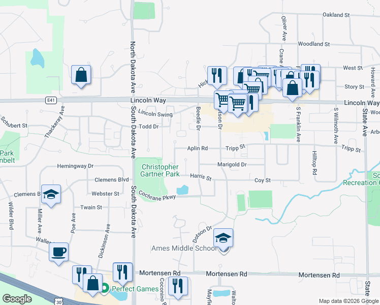 map of restaurants, bars, coffee shops, grocery stores, and more near 313 Beedle Drive in Ames