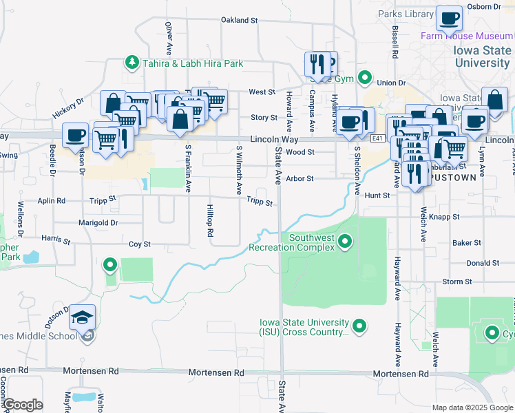 map of restaurants, bars, coffee shops, grocery stores, and more near 3216 Tripp Street in Ames