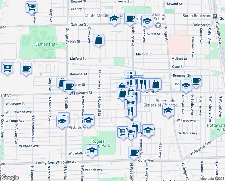 map of restaurants, bars, coffee shops, grocery stores, and more near 1425 West Howard Street in Evanston