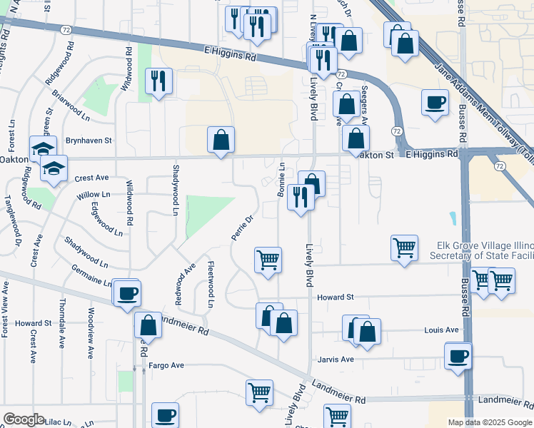 map of restaurants, bars, coffee shops, grocery stores, and more near 480 Bonnie Lane in Elk Grove Village