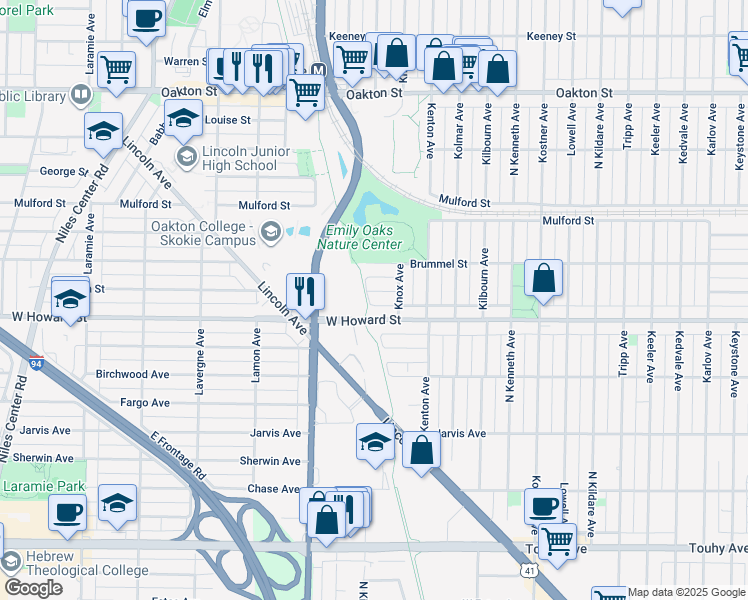 map of restaurants, bars, coffee shops, grocery stores, and more near 4659 Dobson Street in Skokie