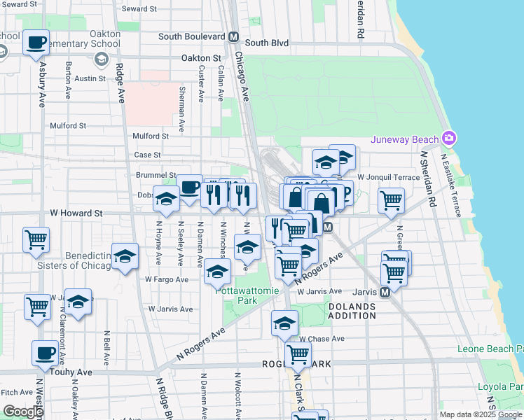 map of restaurants, bars, coffee shops, grocery stores, and more near in Evanston