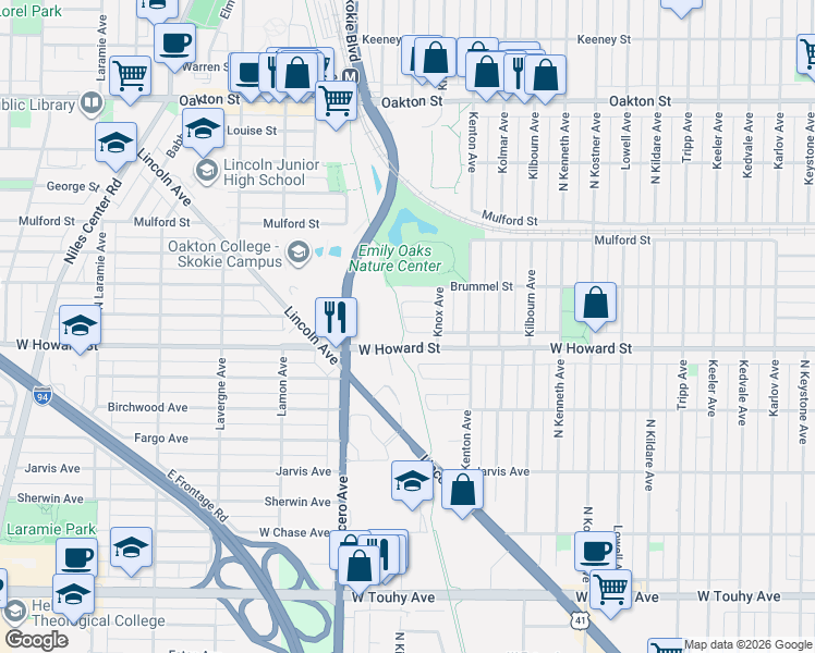 map of restaurants, bars, coffee shops, grocery stores, and more near 4659 Dobson Street in Skokie