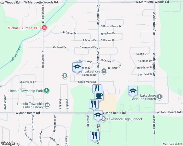 map of restaurants, bars, coffee shops, grocery stores, and more near 1747 Eldorado Drive in Stevensville