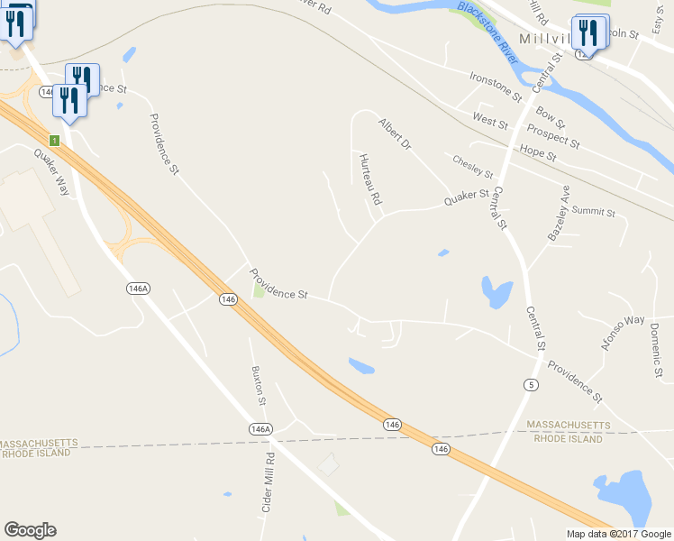 map of restaurants, bars, coffee shops, grocery stores, and more near 14 Quaker Street in Uxbridge