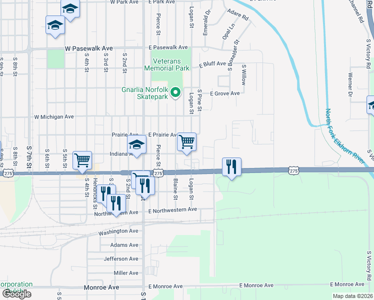 map of restaurants, bars, coffee shops, grocery stores, and more near 309 East Indiana Avenue in Norfolk