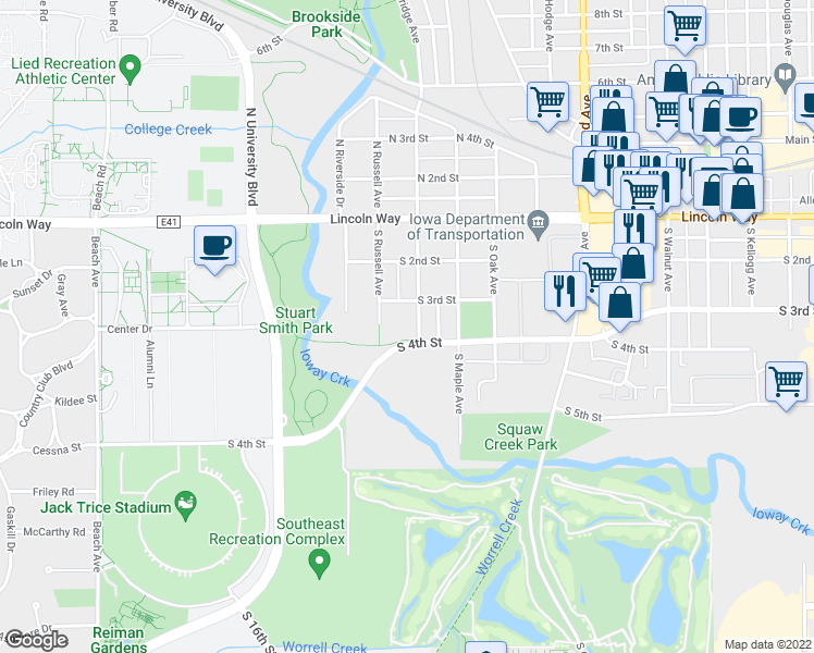 map of restaurants, bars, coffee shops, grocery stores, and more near 319 S Hazel Ave in Ames