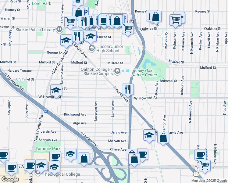 map of restaurants, bars, coffee shops, grocery stores, and more near 4855 Dobson Street in Skokie