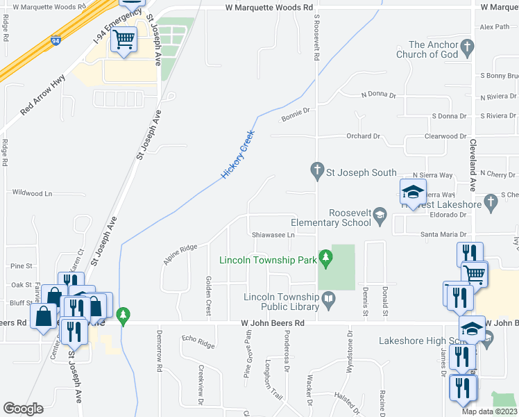 map of restaurants, bars, coffee shops, grocery stores, and more near 2253 Pawnee Path in Stevensville