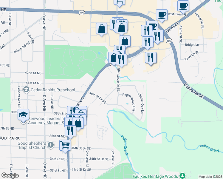map of restaurants, bars, coffee shops, grocery stores, and more near 4014 Westover Road Southeast in Cedar Rapids