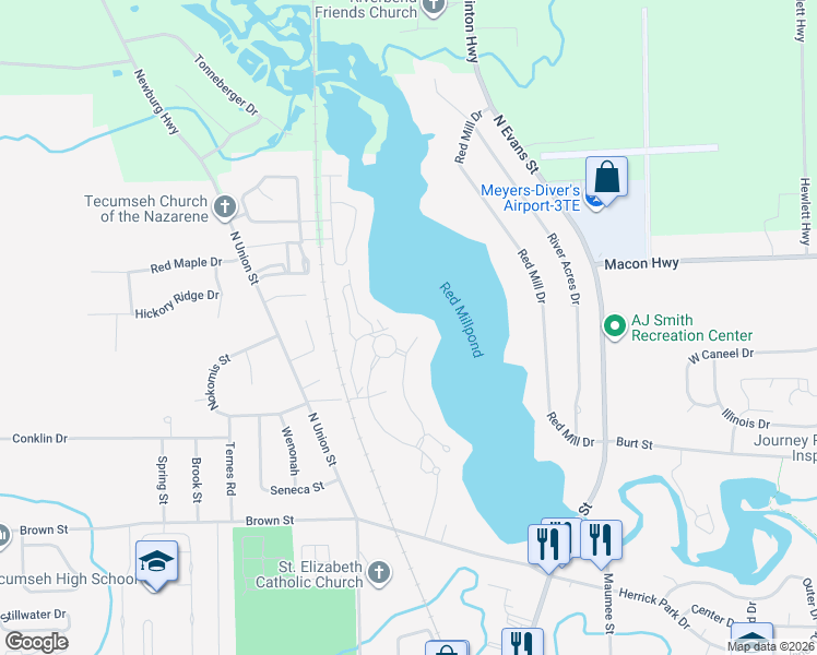 map of restaurants, bars, coffee shops, grocery stores, and more near Eagle View Point in Tecumseh