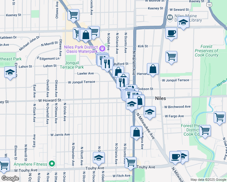 map of restaurants, bars, coffee shops, grocery stores, and more near 7617 North Odell Avenue in Niles