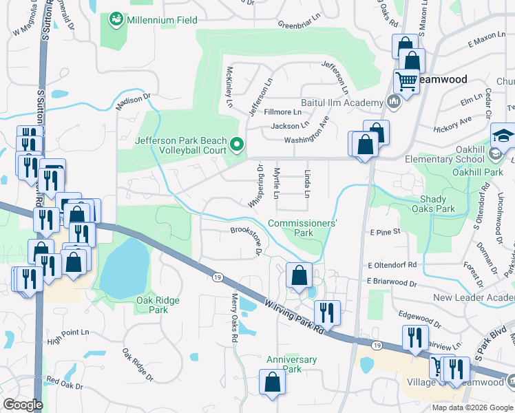 map of restaurants, bars, coffee shops, grocery stores, and more near 3 Creekside Court in Streamwood