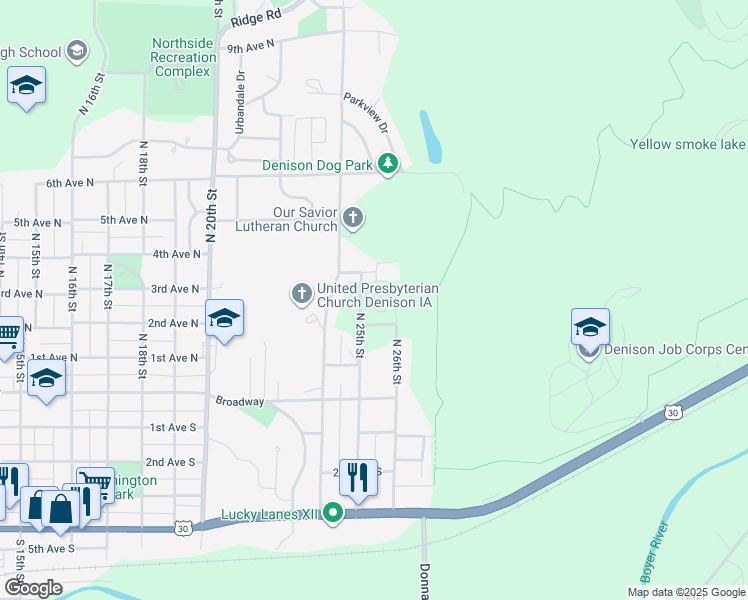 map of restaurants, bars, coffee shops, grocery stores, and more near 210 North 25th Street in Denison