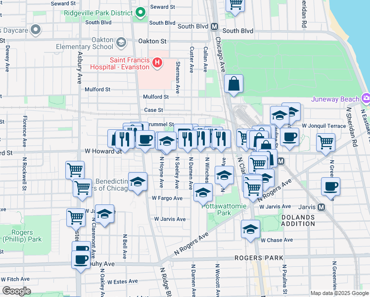map of restaurants, bars, coffee shops, grocery stores, and more near 711 West Howard Street in Evanston