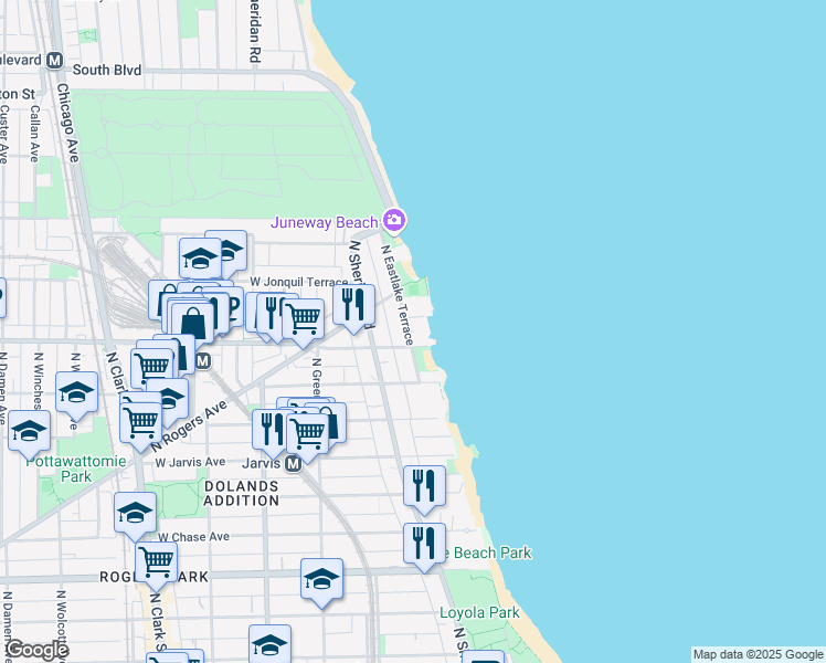 map of restaurants, bars, coffee shops, grocery stores, and more near 7609 North Eastlake Terrace in Chicago
