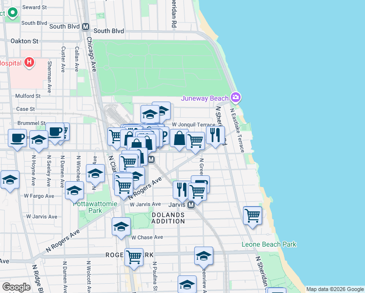 map of restaurants, bars, coffee shops, grocery stores, and more near 1550 West Howard Street in Chicago