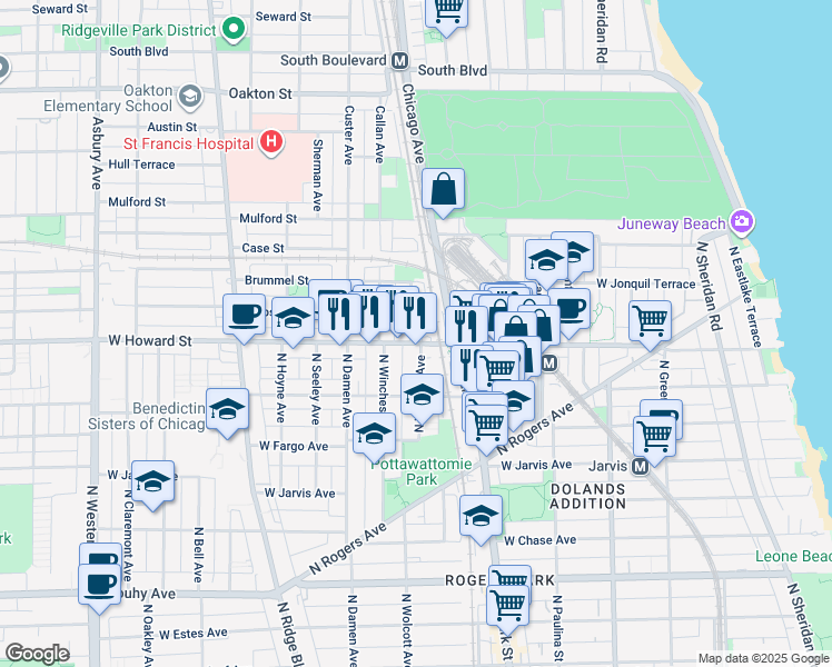 map of restaurants, bars, coffee shops, grocery stores, and more near in Evanston