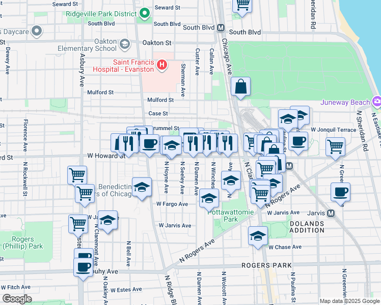 map of restaurants, bars, coffee shops, grocery stores, and more near 711 West Howard Street in Evanston