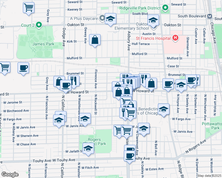 map of restaurants, bars, coffee shops, grocery stores, and more near 1425 West Howard Street in Evanston