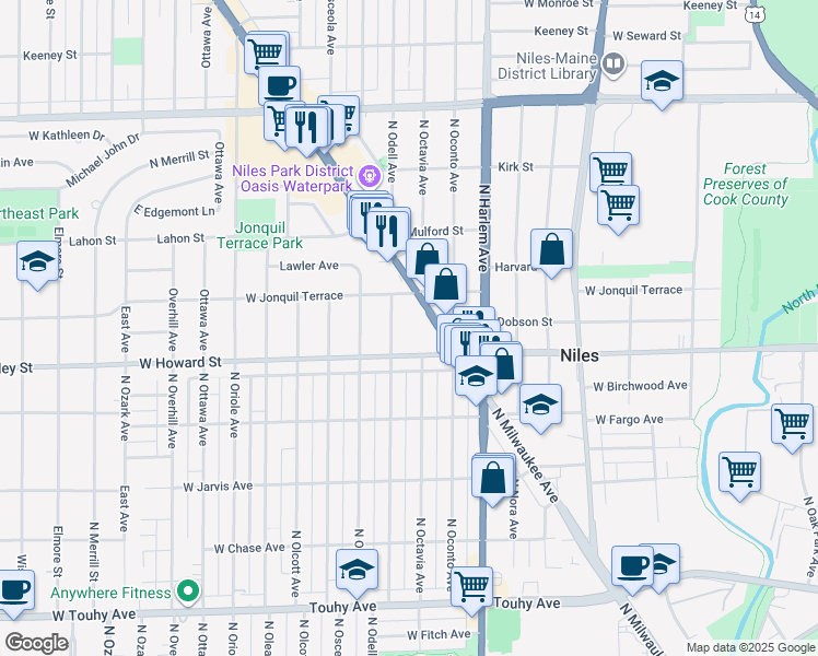map of restaurants, bars, coffee shops, grocery stores, and more near 7617 North Odell Avenue in Niles