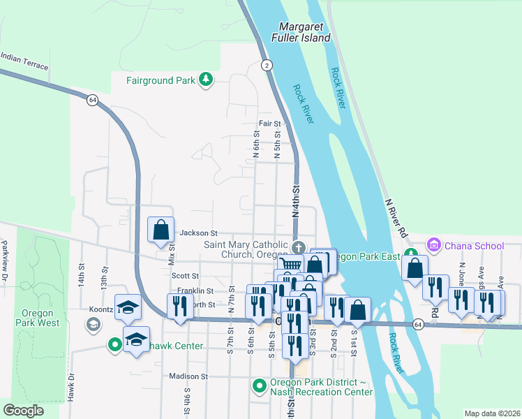 map of restaurants, bars, coffee shops, grocery stores, and more near 501 Illinois Street in Oregon