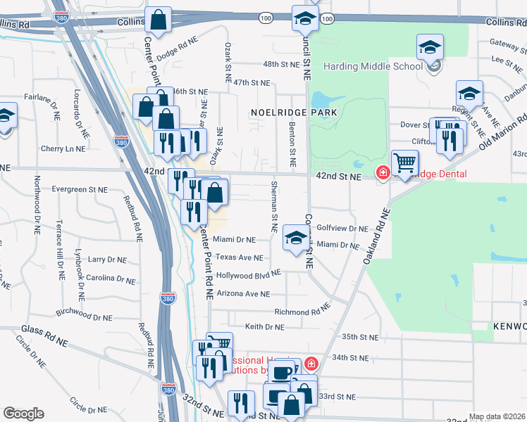 map of restaurants, bars, coffee shops, grocery stores, and more near in Cedar Rapids