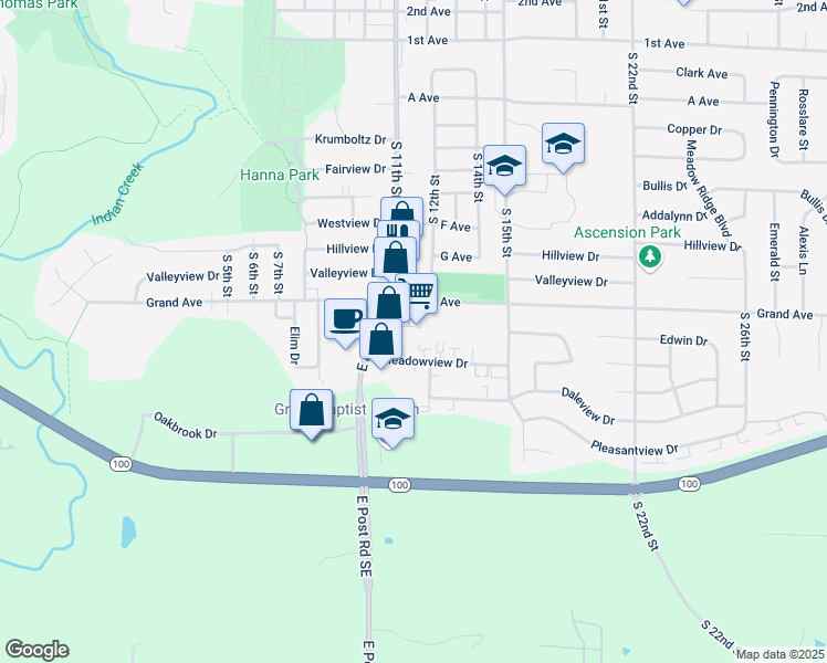 map of restaurants, bars, coffee shops, grocery stores, and more near 1175 Grand Avenue in Marion