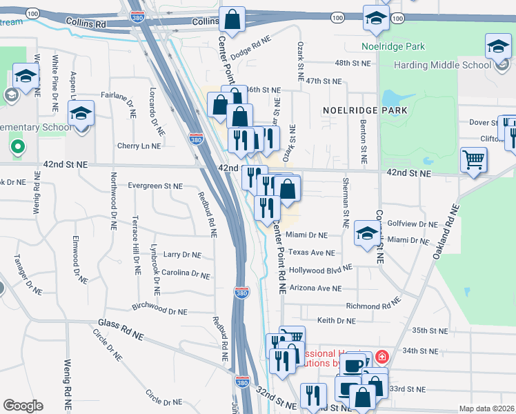 map of restaurants, bars, coffee shops, grocery stores, and more near 3939 Center Point Road Northeast in Cedar Rapids