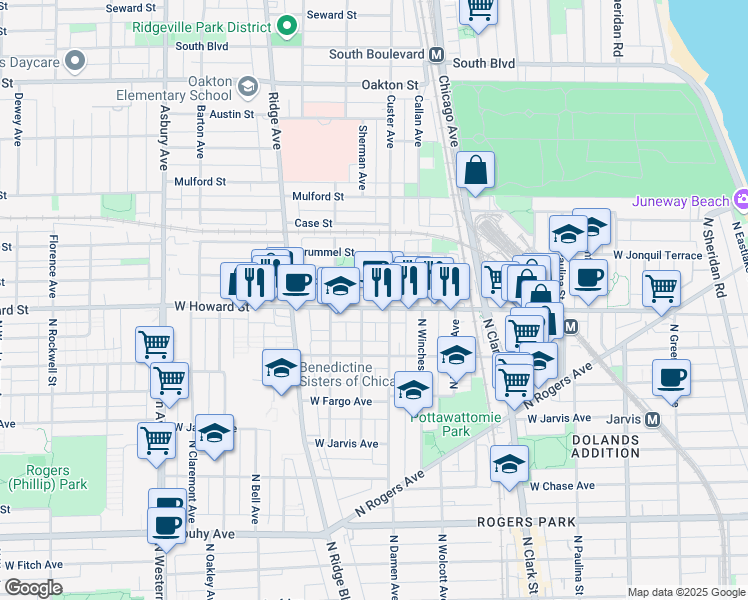map of restaurants, bars, coffee shops, grocery stores, and more near 711 West Howard Street in Evanston