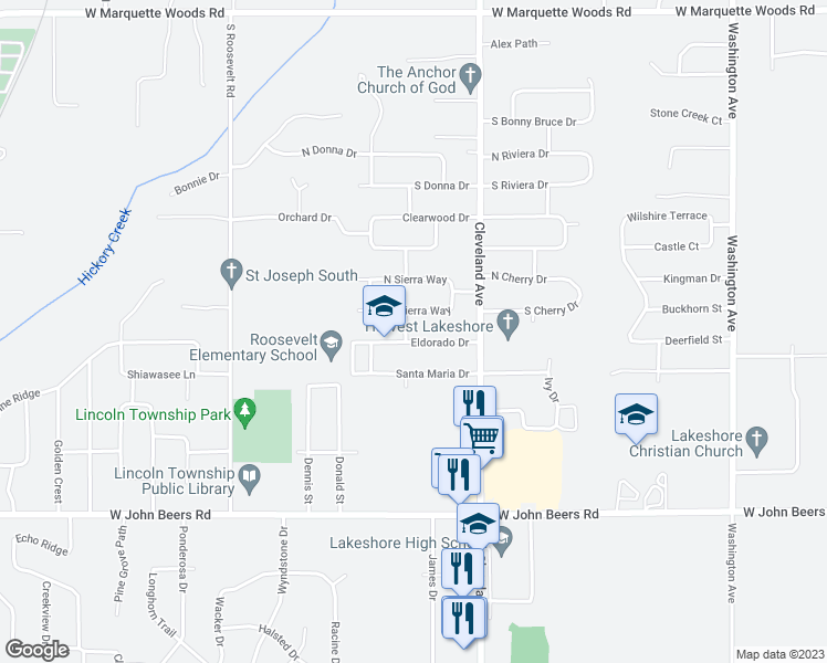 map of restaurants, bars, coffee shops, grocery stores, and more near 1805 Eldorado Drive in Stevensville