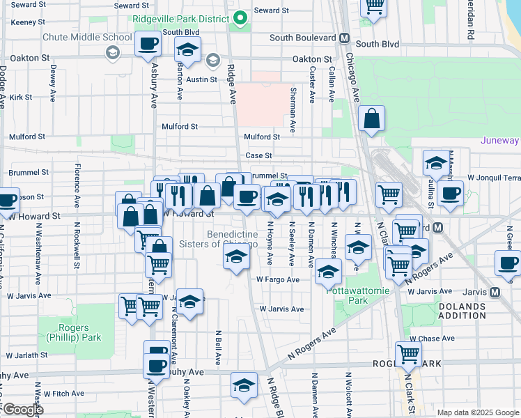 map of restaurants, bars, coffee shops, grocery stores, and more near 819 West Howard Street in Evanston