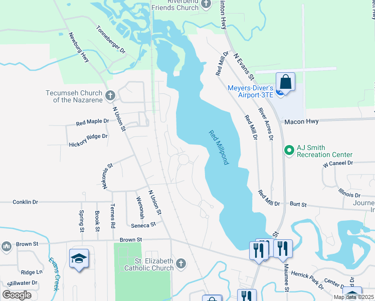 map of restaurants, bars, coffee shops, grocery stores, and more near Eagle View Point in Tecumseh