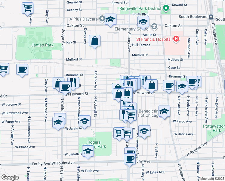 map of restaurants, bars, coffee shops, grocery stores, and more near 1413 Howard Street in Evanston
