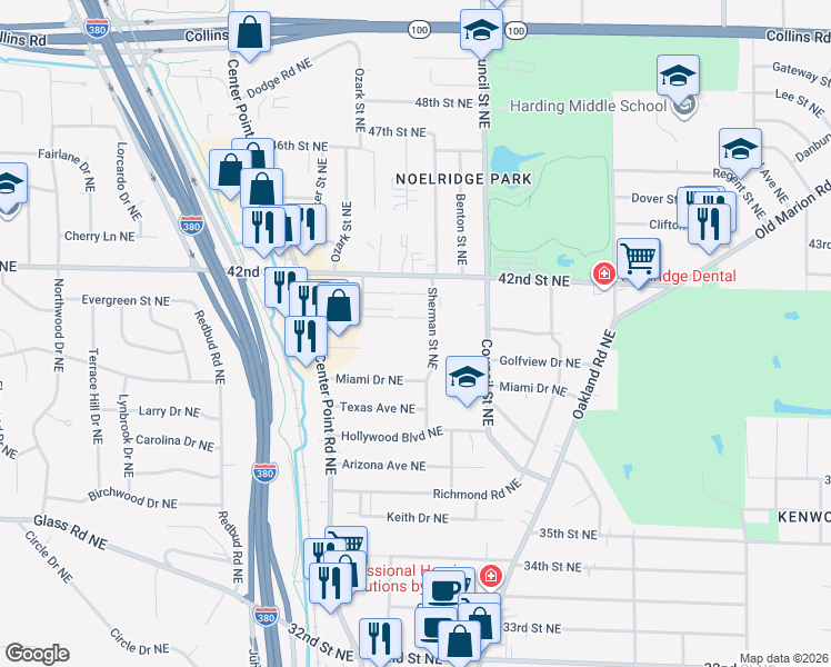 map of restaurants, bars, coffee shops, grocery stores, and more near in Cedar Rapids