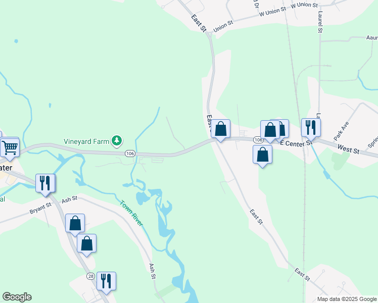 map of restaurants, bars, coffee shops, grocery stores, and more near 322 East Center Street in West Bridgewater