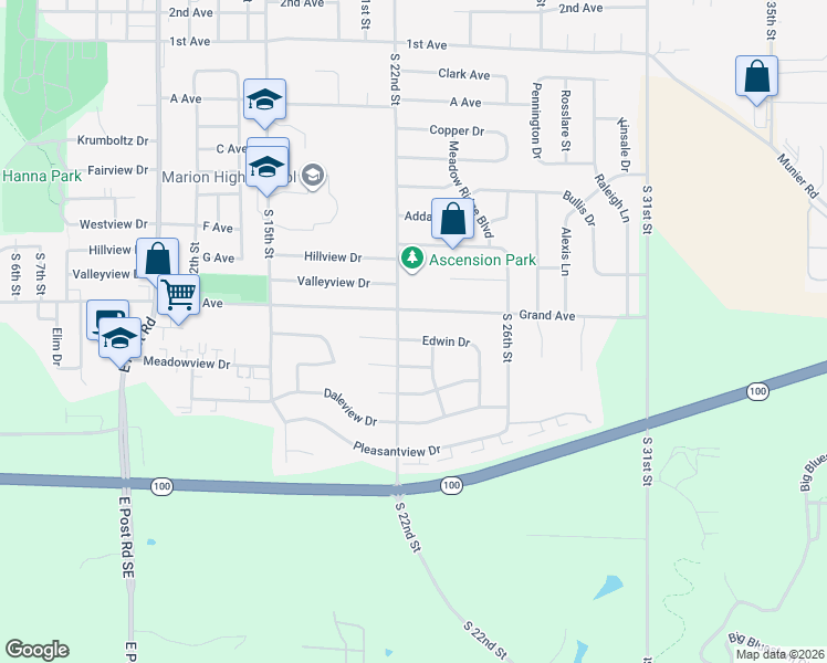 map of restaurants, bars, coffee shops, grocery stores, and more near 2215 Edwin Drive in Marion