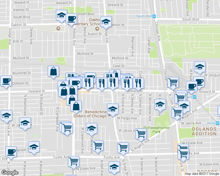map of restaurants, bars, coffee shops, grocery stores, and more near 951 West Howard Street in Evanston
