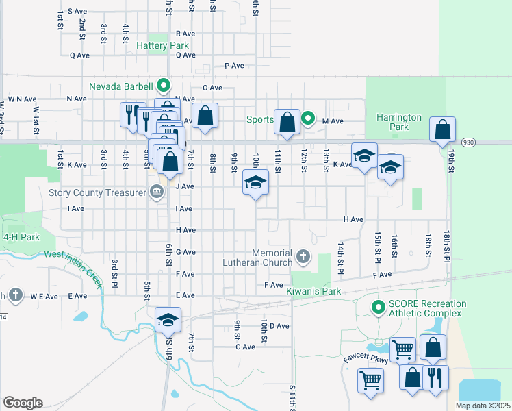 map of restaurants, bars, coffee shops, grocery stores, and more near 910 10th Street in Nevada