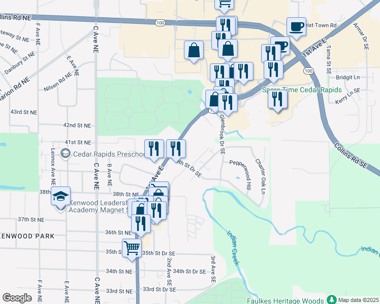 map of restaurants, bars, coffee shops, grocery stores, and more near 4001 1st Avenue Southeast in Cedar Rapids