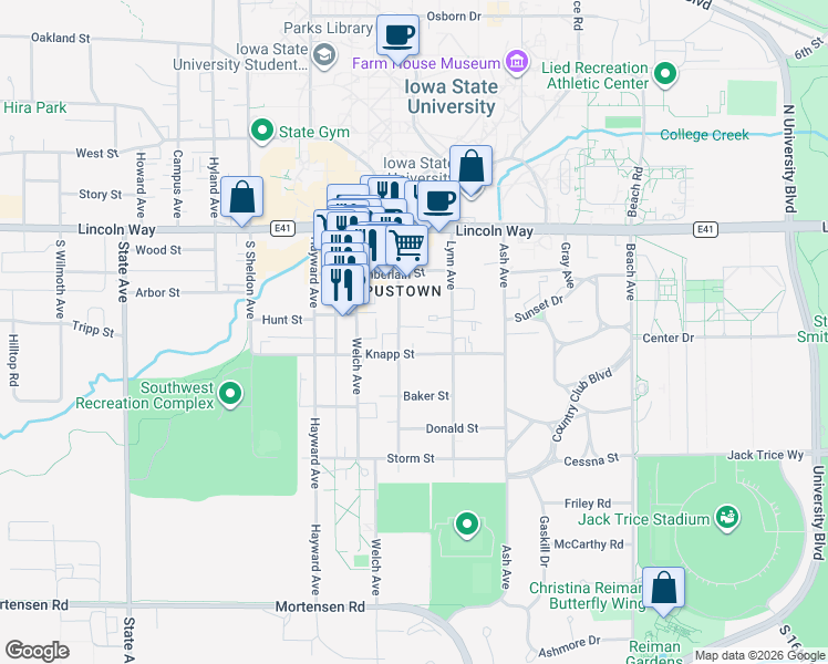 map of restaurants, bars, coffee shops, grocery stores, and more near 320 Stanton Avenue in Ames