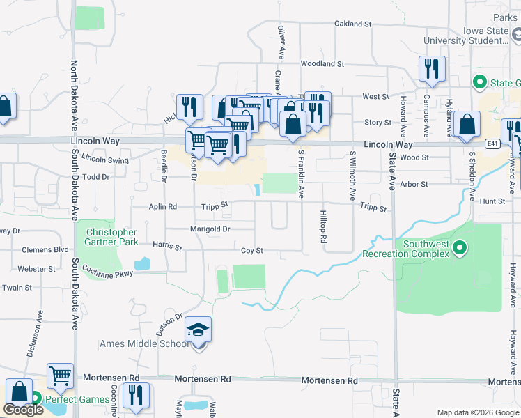 map of restaurants, bars, coffee shops, grocery stores, and more near 316 Sunflower Drive in Ames
